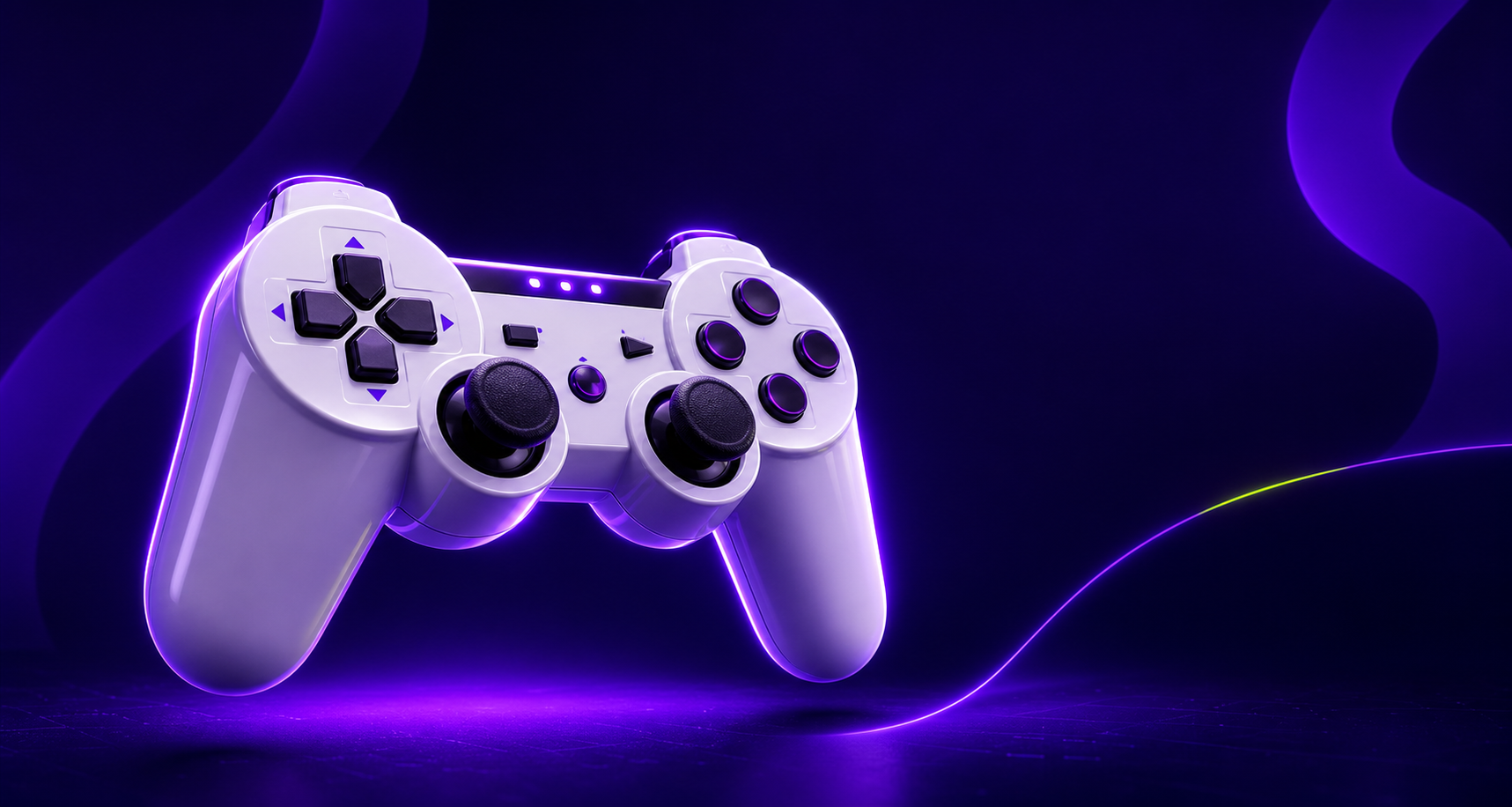 Controle estilo PS3 com iluminação neon roxa